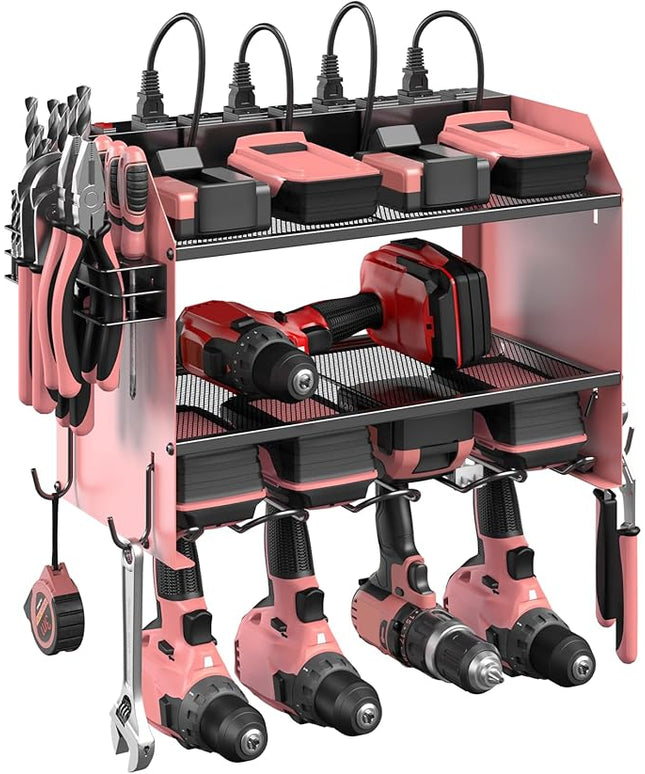 CCCEI Modular Power Tool Organizer Wall Mount with Charging Station. Garage Drill Storage Shelf with Hooks, Heavy Duty Rack, Tool Battery Holder Built in 8 Outlet. Gift for Men. Pink, 1 Pack.