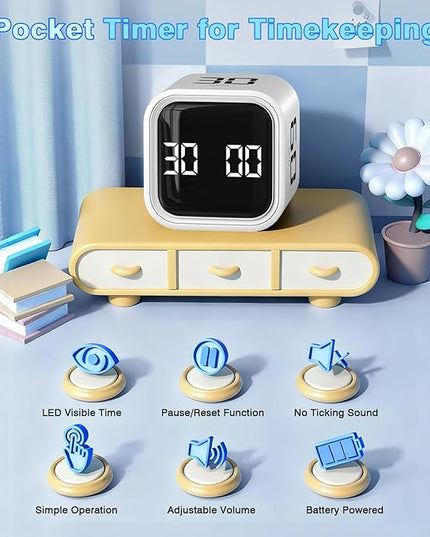 Cube Pomodoro Timer, Smart Productivity Timer 5/10/30/60 Minutes & Custom Countdown, Pause & Resume, Adjustable & Silent Visual Timer, Portable Rotation Multi Desk Timer for Study Task Work Kitchen