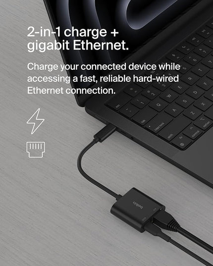 Belkin Connect USB-C to Ethernet + Charge Adapter 100W w/Gigabit Ethernet Port and USB-C Port - 10/100/1000 Mbps for Fast Internet Connection - Compatible with iPhone 17, Samsung Galaxy S25, & More