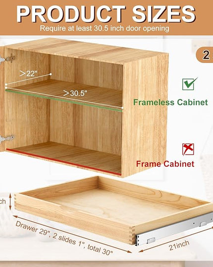 Menkxi 2 Set Pull out Tray Cabinet Organizer Wooden Pull Drawers storage Slide out Pantry Shelf for Base Cabinet Kitchen Gentle Close Fully Assembled Accessories (Wood Color,30'' X 21'' X 3")