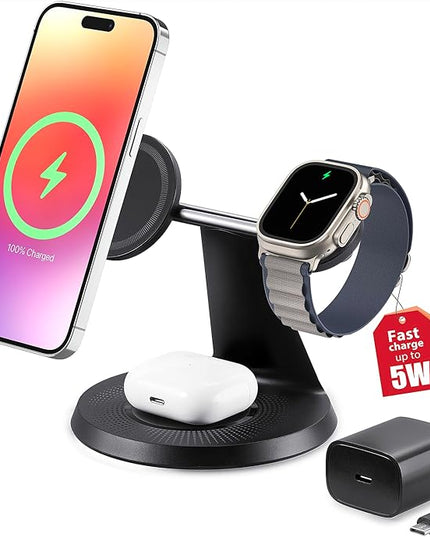 3 in 1 Wireless Charging Station for Apple Device: Fast Charging Station for iPhone and Watch with MagSafe, Stable Charger Stand for iPhone 12-16 & iWatch & AirPods