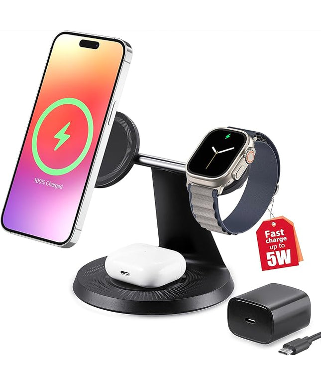 3 in 1 Wireless Charging Station for Apple Device: Fast Charging Station for iPhone and Watch with MagSafe, Stable Charger Stand for iPhone 12-16 & iWatch & AirPods