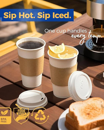 Fit Meal Prep 50 Pack 16 oz Disposable Coffee Cups with Lids, Sleeves, Leak-Proof To Go Coffee Cups with Lids, Durable Hot Paper Cups for Home, Office, Party, Business