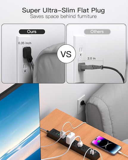 2 Pack Surge Protector Power Strip - 6 Outlets 4 USB Charging Ports, 5Ft Braided Extension Cord, Slim Flat Plug, Overload Protection, Wall Mount for Home Office, Dorm Room Essentials