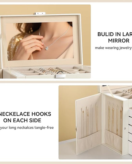 Frebeauty Large Jewelry Box,6-Tier PU Leather Jewelry Organizer,Multi-functional Storage Case with Mirror,Accessories Holder with 5 Drawers for Necklace Bracelets Watches(Pearl White)