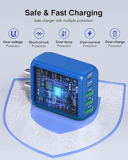 (2-Pack) 60W USB C Wall Charger Block, 5-Port C Charger Fast Charging Block PD Power Adapter +QC 3.0 Multiport Type C Box Brick Cube USB A Wall Plug for iPhone 15/16/17 Pro Max,Samsung (Dark Blue)