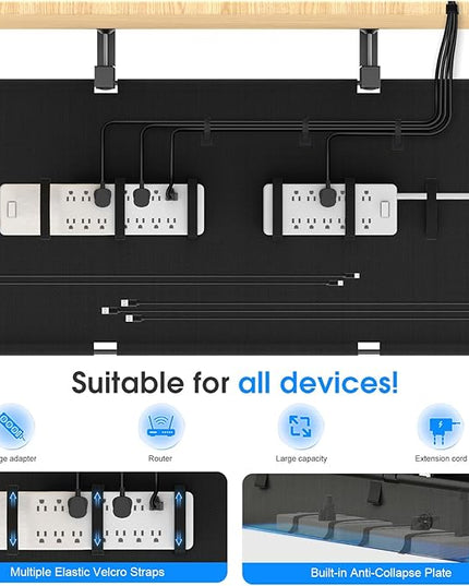 Under Desk Cable Management Tray, 30-inch No-Drill Cord Organizer with Anti-Sag Reinforced Base, Fabric Wire Management Hider for Standing Desk, Office & Gaming Accessories - Black