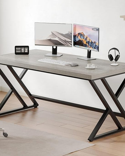 LVB Grey Computer Office Desk, Industrial Wood PC Gaming Gray Desk for Home Office, Modern Wooden Metal Study Work Bedroom Table, Farmhouse Executive Writing Desk with Storage, 55 Inch, Light Grey Oak