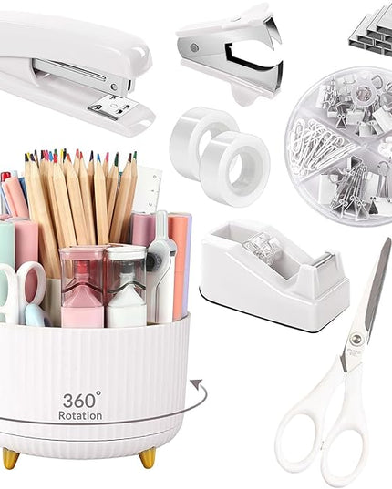 SKYDUE White Office Supplies Set, Office Desk Accessories 10PCS, Pencil Holder for Desk, Stapler, Tape Dispenser, Scissors, Ruler, Binder/Paper Clips and 1000pcs Staples,Desk Supplies Set