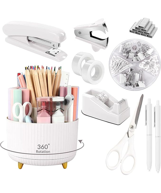 SKYDUE White Office Supplies Set, Office Desk Accessories 10PCS, Pencil Holder for Desk, Stapler, Tape Dispenser, Scissors, Ruler, Binder/Paper Clips and 1000pcs Staples,Desk Supplies Set