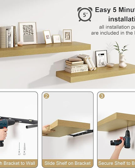 12" Deep Oak Floating Shelves,Over Toilet Long Wall Mounted Modern Farmhouse 36 inches,Wall Shelves with Invisible Brackets for Bedroom, Bathroom, Living Room, Kitchen, Set of 1