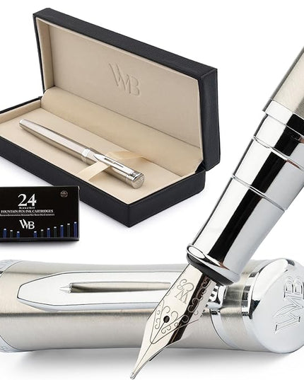 Wordsworth & Black Fountain Pen Set, 18K Gilded Medium Nib, Includes 24 Pack Ink Cartridges, Ink Refill Converter & Gift Box, Gold Finish, Calligraphy, [Silver Chrome], Perfect for Men & Women