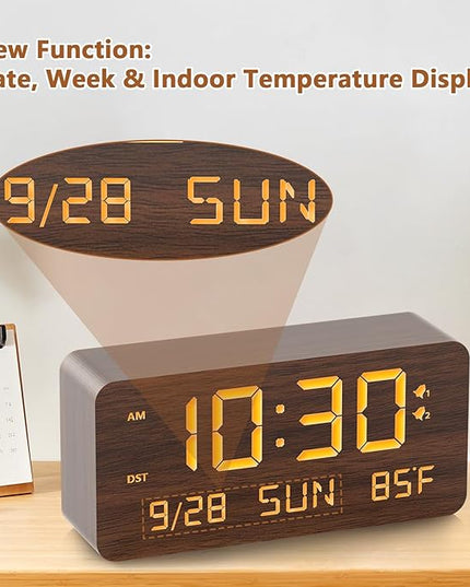 Fomobest Wooden Digital Alarm Clock for Bedroom - Desk Clock with Date, Day of Week, Temperature, Dual Alarms, Dimmer, USB Port Charge, DST, Adjustable Volume for Living Room/Office Wood Decor (Brown)