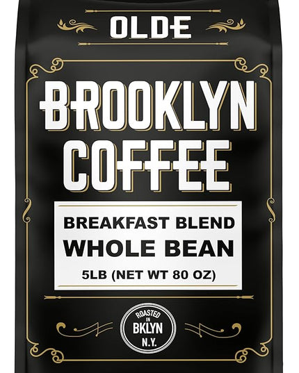 BROOKLYN COFFEE Whole Bean, Breakfast Blend Light Medium Roast (5lb) Delicate, Smooth, Low Acidity - Fresh Bulk Coffee Beans Roasted Weekly in NYC
