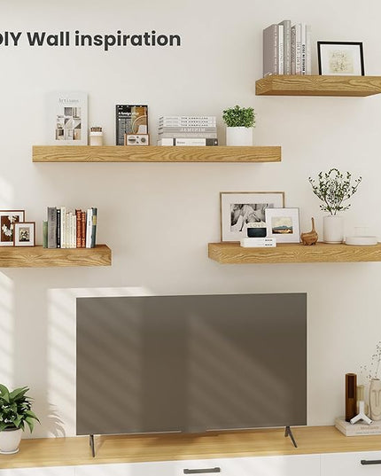 Heimlove 12" Deep Floating Shelves, 36 x 12 Inch Wall Mounted Long Floating Shelf with Invisible Brackets, for Home Decor, Bedroom, Kitchen, Living Room, Bathroom - 2 Pack, Oak