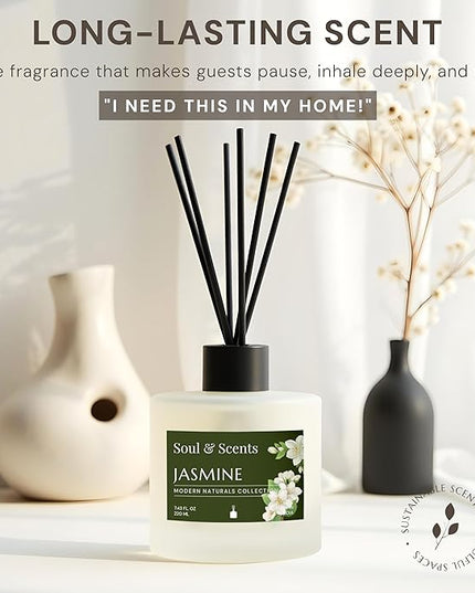 Soul & Scents Reed Diffuser Set – Jasmine | 7.43 oz Refillable Scented Oil with 6 Fiber Sticks | Long-Lasting Home Fragrance & Air Freshener for Bedroom, Bathroom, Office | Gift & Décor Piece