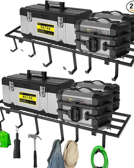 Garage Wall Shelving, 1X4 ft Garage Storage Rack,Heavy Duty Wall Mounted Storage Shelf With 12 Hooks-Each Loads 200lbs Metal Wall Shelf,Black,2Pack