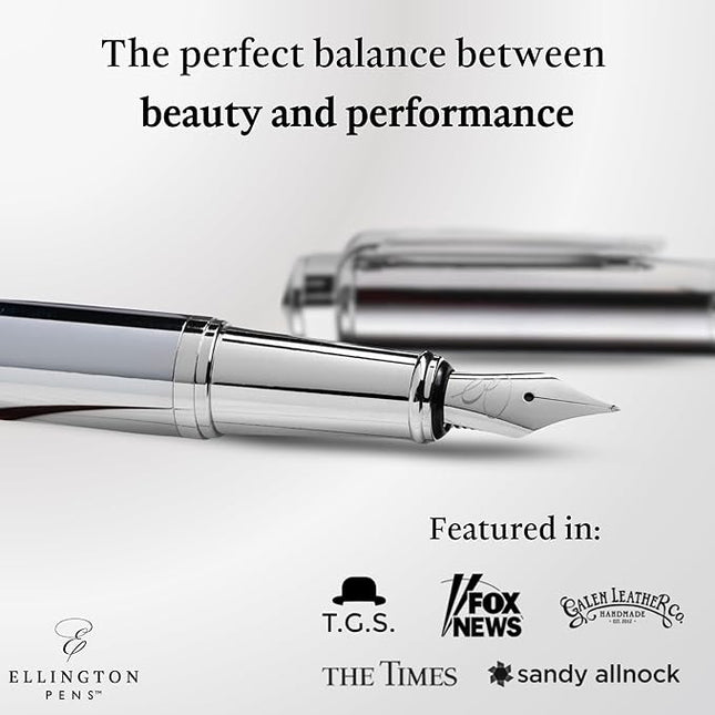 Ellington Pens Luxury Fountain Pen Set - Smooth Fine Nib- Includes 3 Ink Cartridges, Refillable Ink Converter, Gift Box- Fountain Pens For Writing, Calligraphy, Journaling, Sketching (Silver Sonata)