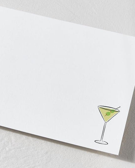Minted Martini Stationery Set, Set of 10, Flat Note Cards & Envelopes for Invitiations and Handwritten Thank You Messages, Martini Design & Green Checkerboard Back, Gifts for Women, Luxurious Paper