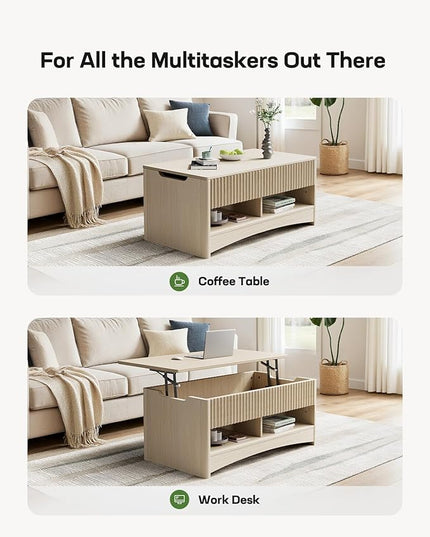 Marsail Lift Top Coffee Table with Open & Hidden Storage, Modern Fluted Coffee Table with Smooth Lift Mechanism, Sturdy Space-Saving Center Table for Home Living Room, Office, Oak