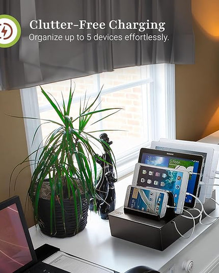 Prosumer's Choice Charging Station for Multiple Devices - 5 Device Charger Organizer for Smartphones and Tablets - Wooden Rack with Removable Dividers - Charging Dock for Work from Home - Black