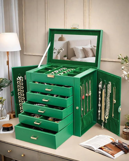 BOOVO Jewelry Box For women, 6 Layer Large Jewelry Organizer With Mirror, Multi-Function Storage Box With Lock, Necklace Holder With 5 Drawers, For Earrings Necklace Bracelet (Green and Gold)