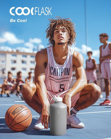 Coolflask 128 oz Gallon Water Bottle Insulated with Straw&3 Lids, Water Jug Large Stainless Steel Metal Vacuum Wide Mouth for Sports, Gym or Office, Non-BPA Keep Cold 48H Hot 24H, Dark Grey