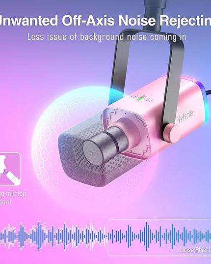 FIFINE XLR Gaming Microphone USB, PC Dynamic Microphone Kit for Vocal, Recording, Podcast, Streaming RGB Mic with Headphone Jack, Mute Button, Boom Arm Stand for Computer/Mixer-AmpliGame AM8T Pink