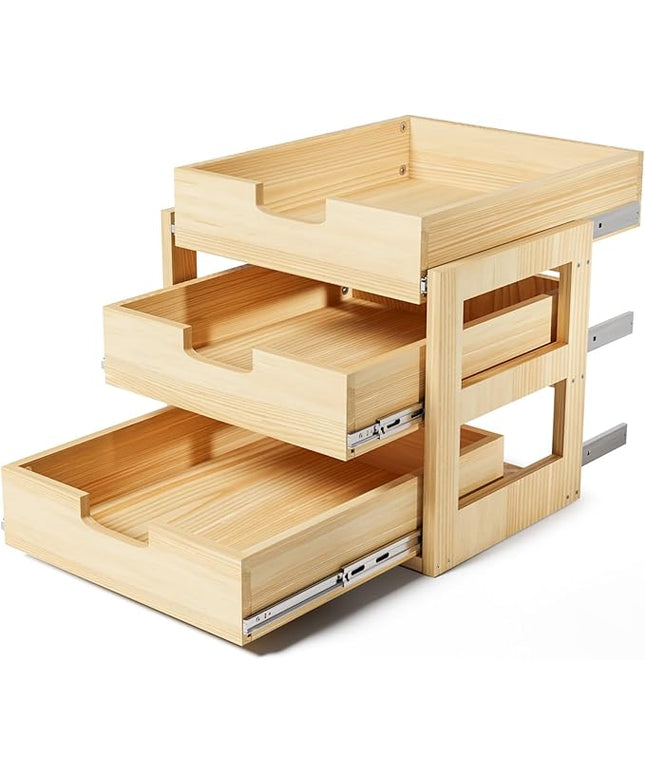 Gsskny Pull Out Cabinet Organizer, 14''W×21''D Sliding Drawers for Cabinets, 3 Tier Soft Close Slide Out Wooden Pull out Drawers, Base Cabinet Organization for Kitchen, Pantry, Bathroom