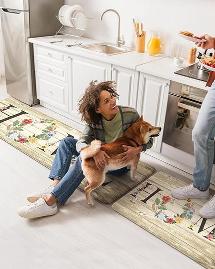KIMODE Kitchen Floor Mats Cushioned Anti Fatigue,Farmhouse Floral Rugs Sets of 2,Memory Foam Carpet Non Slip,Long Sink Runner for Bathroom Laundry Office,Beige 17"x59"+17"x29"