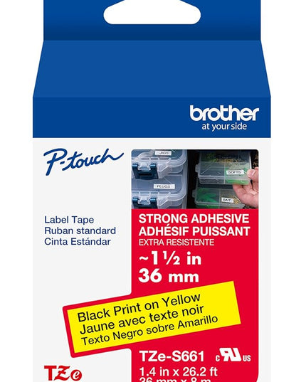 Brother Genuine P-Touch TZe Black Print on Yellow Label Tape (TZeS661), Strong Adhesive Laminated, ~1-1/2in x 26.2ft (36mm x 8m), for Select P-Touch Label Makers, Water-Resistant, Extra Strength
