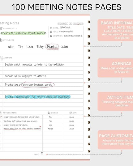 EMSHOI Meeting Notebook for Work - B5 Half Meeting Half Note Planner, 100 Pages, 100GSM Thick Paper, Hardcover, Project Organizer for Women Men Office, Business, Note Taking, 8"x10.2" - Pink
