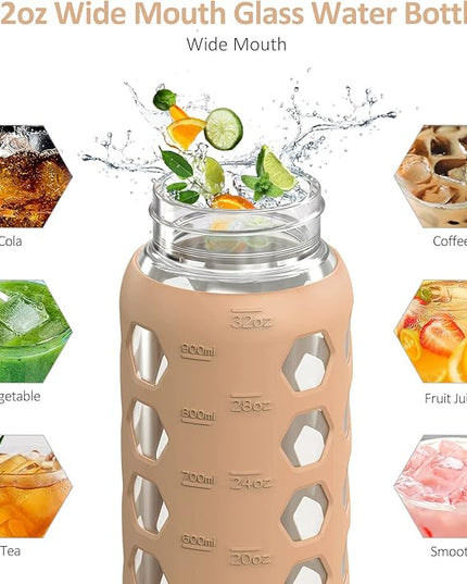 MUKOKO 32oz Glass Water Bottles with 2 Lids-Handle Spout Lid&Bamboo Straw Lid, Motivational Water Tumbler with Time Marker Reminder and Silicone Sleeve, Leakproof-Amber-1 Pack