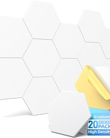 20 Pack Hexagon Acoustic Panels with Self-Adhesive, 12" X 10" X 0.4" Sound Proof Foam Panels for Walls, High Density Soundproof Wall Panels, Sound Dampening Panels for Home Studio Decor Office - White