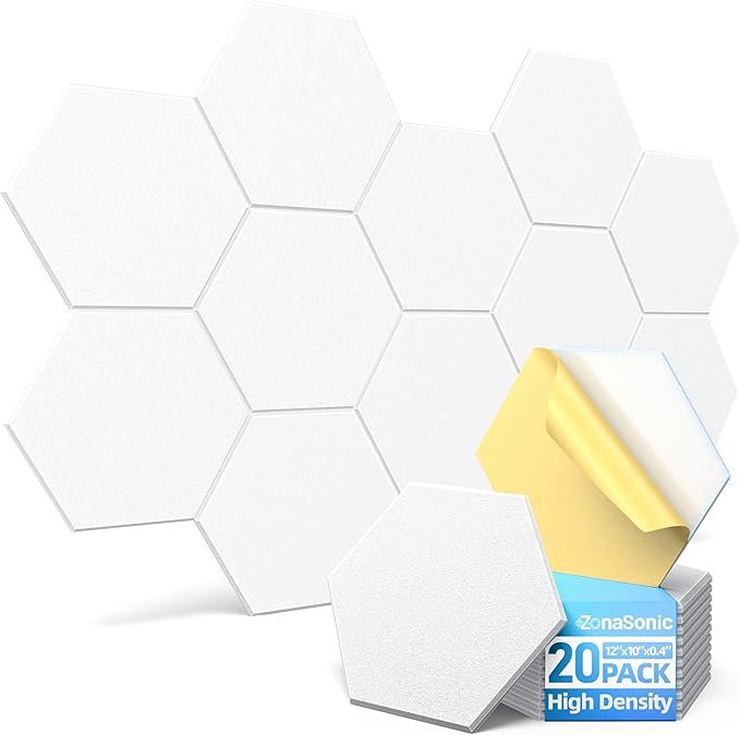 20 Pack Hexagon Acoustic Panels with Self-Adhesive, 12" X 10" X 0.4" Sound Proof Foam Panels for Walls, High Density Soundproof Wall Panels, Sound Dampening Panels for Home Studio Decor Office - White