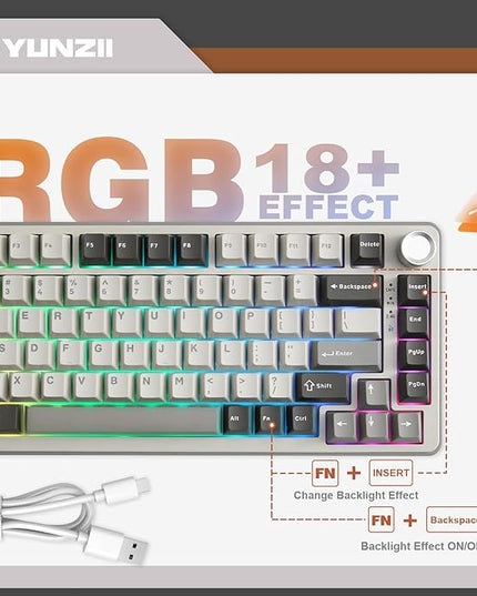YUNZII B75 PRO Wireless Mechanical Keyboard,75% Layout with Knob,Hot Swap Gasket Custom Structure,Creamy Pre-lubed Switches,RGB Backlit,Bluetooth/Type-C/2.4G for Win/Mac(Milk Switch,Grey)