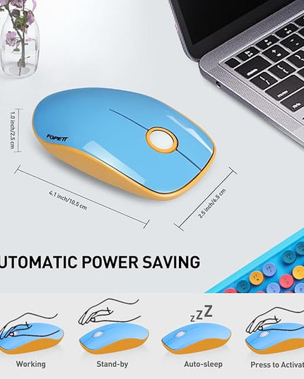 FOPETT 2.4GHz Wireless Keyboard and Mouse Set with Switch Button - Full-Size Keyboard - Compatible for Windows/Laptop/PC/Notebook/Smart TV and More - Blue Colorful