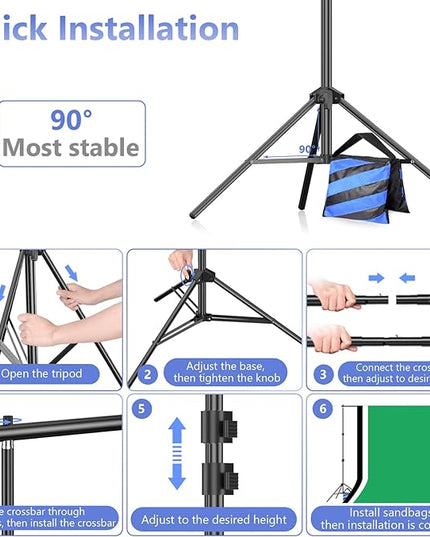 EMART Photo Video Studio Backdrop Stand Kit, 7×10ft Adjustable Photography Support System with Polyester Background(Black/White/Green Screen), Spring Clamps and Carry Bag for Photoshoot