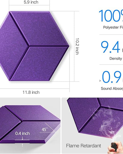 22 Pack Self-Adhesive Acoustic Panels 12" X 10" X 0.4" - Sound Proof Foam Panels with High Density, Y-Lined Design, Flame Resistant, Absorb Noise and Eliminate Echoes(Purple)