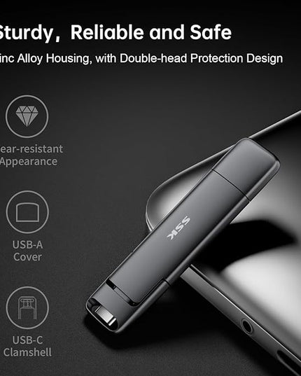 SSK External USB C SSD Flash Drive 512GB, Up to 550MB/s 2-in-1 Type C+ USB A USB3.2 Gen2 Solid State Thumb Drive, Memory Stick Data Storage for iPhone 15/PS4/PS5/Android Phone/Windows/Mac