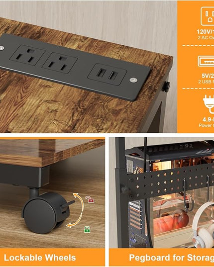 Computer Tower Stand with Charging Station, Height Adjustable 2-Tier CPU Stand with Power Strip and USB Ports, PC Tower Cart with Wheels and Printer Shelf, Rustic Brown and Black