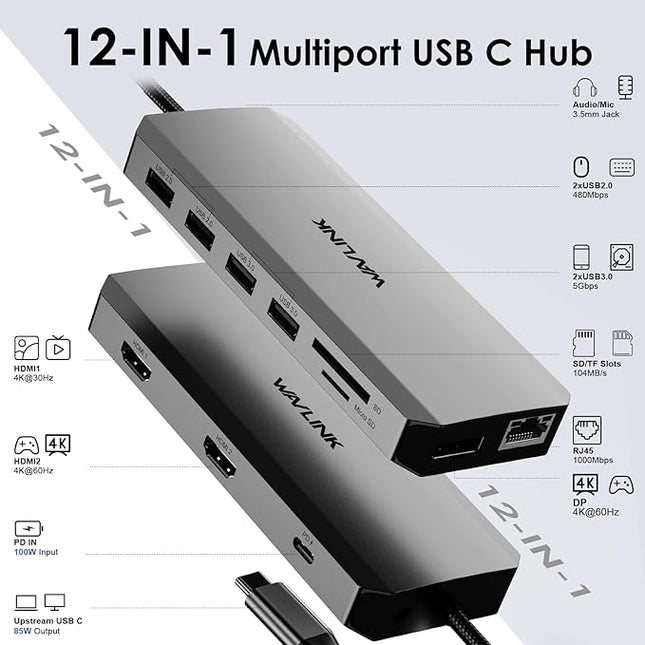 WAVLINK USB C Docking Station Dual Monitor for Laptop Dell/Lenovo/HP/XPS, USB-C Hub Multiport Adapter Dongle Dock with 2 HDMI, DisplayPort, Ethernet Hub, 87W Power Delivery, SD Card Reader, Audio