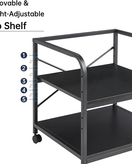 2 Tier Under Desk Printer Stand with Storage, 20 Inches Deep Large Printer Table with Height Adjustable Shelf, Rolling Printer Cart with Wheels for Home Office - Black
