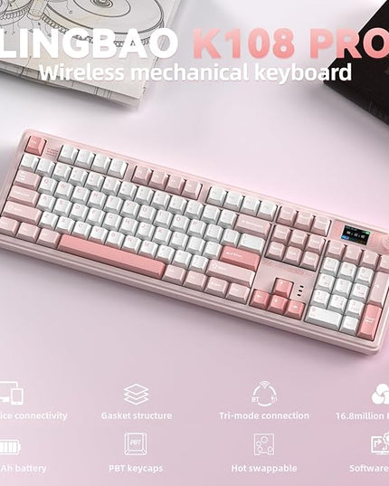 LINGBAO K108 Pro Wireless Mechanical Keyboard with Screen & Knob, Full Size Creamy Keyboard with Number Pad, 10000mAh Battery, PBT Keycaps, RGB Backlit, Hot-swappable Pink Gaming Keyboard for PC/Mac
