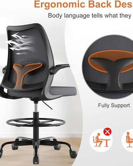 Drafting Chair,Tall Office Chair with Adjustable Footrest Ring,Lumbar Support,Ergonomic High Desk Seat,Flip-Up Armrests,Breathable Mesh Standing Stool for Home Office,Grey