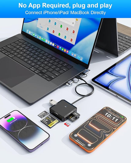 8-in-1 Multi Card Reader, USB-C USB-A Lightning 3-Port Connector to SD, TF, CF, MS, USBA, USBC, OTG SD Memory Card Reader Adapter for iPhone17/16/iPad/Android/Mac/PC with Windows/Mac/Linux/Chrome OS