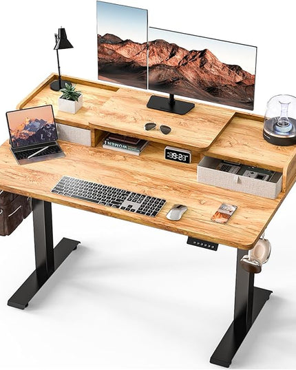 Kingant 48 x 30 Inch Standing Desk with Drawers, Adjustable Height Electric Sit Stand Desk with Storage Shelf, Rising Stand Up Computer Desk for Home Office Workstation, 3 Preset Heights(Light Rustic)