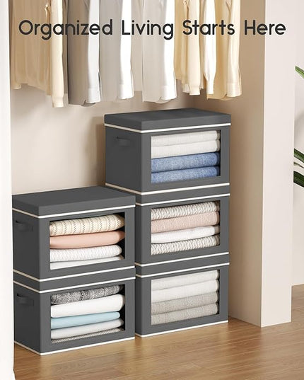 Collapsible Storage Bins with Lids - Stackable Storage Boxes with Window, 15.7 Inch Fabric Organizing Bins for Closet, Home & Office Organization Baskets, Dark Grey, 3 Pack