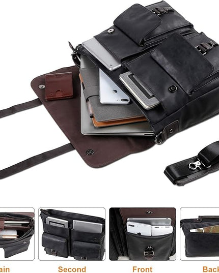 Leather Messenger Bag for Men, 15.6 Inch Vintage Laptop Bag Briefcase Satchel