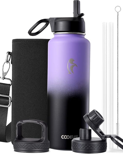 Coolflask Water Bottle 40 oz Insulated with Straw, Stainless Steel Metal 3 Lids Water Flask for Sports or Office, Keep Cold 48H Hot 24H, Purple Black